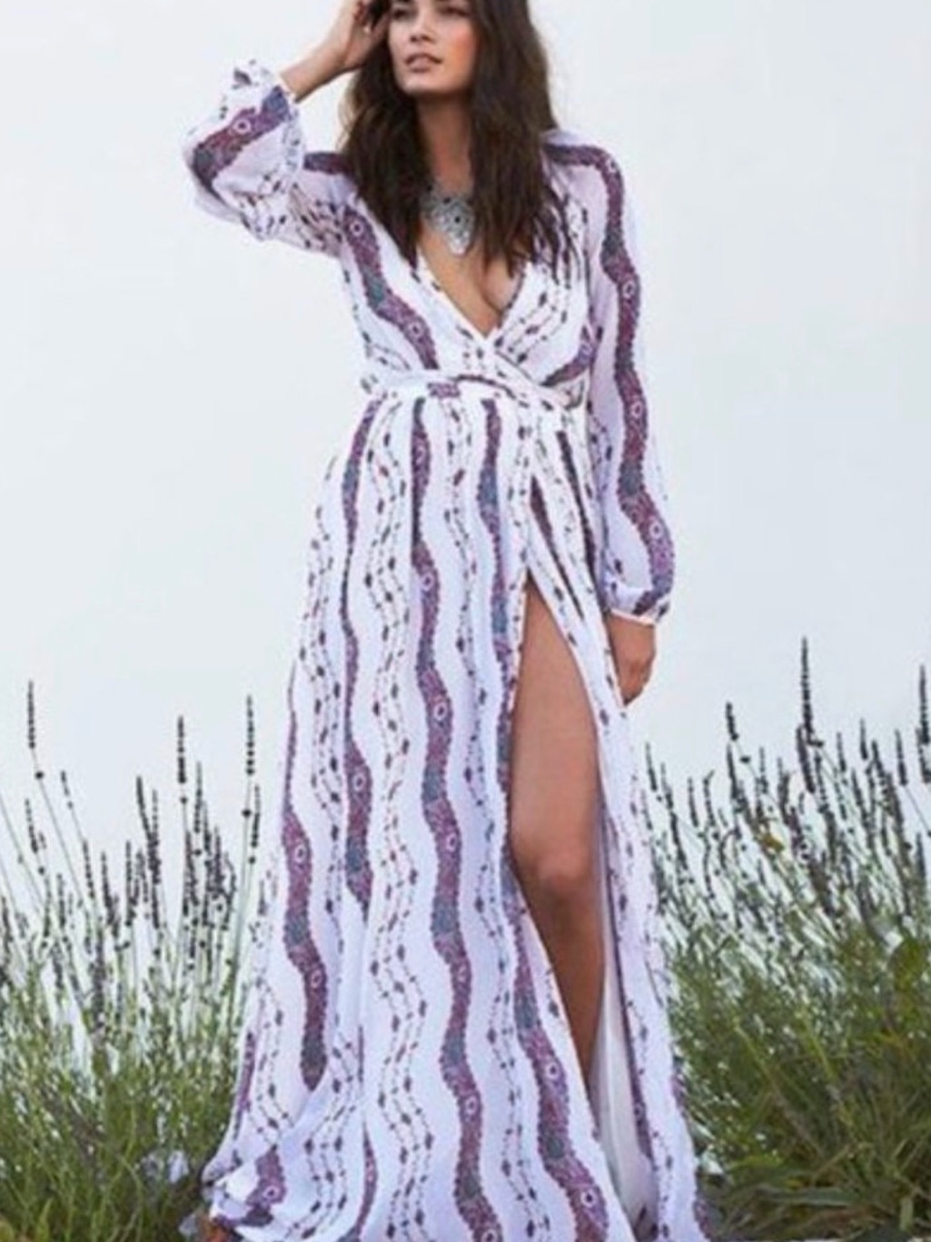 Brand New Marchesa Voyage White And Purple Patterned Maxi Wrap Dress
